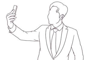 zakenman nemen een selfie hand- getrokken stijl vector illustratie
