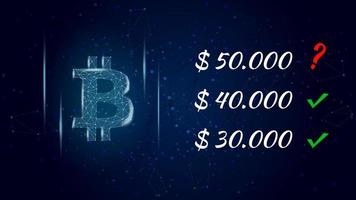 kan bitcoin btc raken 50000 dollars veelhoekige cryptogeld token symbool en vraag Mark De volgende naar de prijs, munt icoon Aan donker achtergrond. vector illustratie voor nieuws.