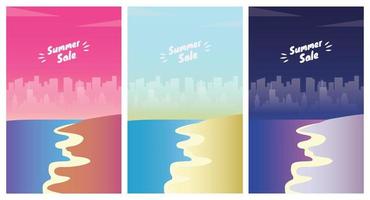 zomer strand landschap Bij zonsopkomst, zonsondergang en nacht. zomer uitverkoop seizoen banners reeks sjabloon vector illustratie