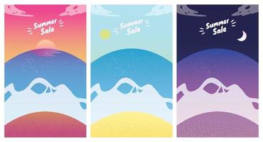 zomer strand landschap Bij zonsopkomst, zonsondergang en nacht. zomer uitverkoop seizoen banners reeks sjabloon vector illustratie