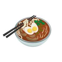 Japans heet soep - ramen. traditioneel Aziatisch keuken. rijk bouillon met noedels, eieren, champignons en stukken van vlees. vector illustratie. tekenfilm.