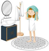 een jong meisje met badkamermeubelelementen op witte achtergrond vector