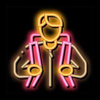 Mens reiziger met rugzak neon gloed icoon illustratie vector