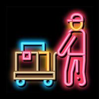 koerier met trolley Aan wielen neon gloed icoon illustratie vector