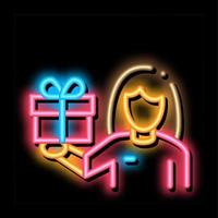 vrouw met geschenk neon gloed icoon illustratie vector