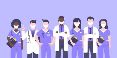 dokter team medisch personeel met gezichtsmaskers kliniek werknemer vectorillustratie. vector