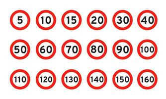 maximumsnelheid 5, 10, 15, 20, 30, 40, 50, 60, 70, 80, 90, 100 ronde wegverkeer pictogram teken vlakke stijl vector illustratie ontwerpset.