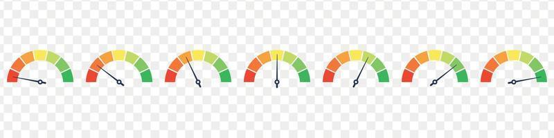 reeks van snelheidsmeter, snelheid wijzerplaat indicator. groen en rood, laag en hoog barometers, slecht en mooi zo niveau of risico schaal. vector geïsoleerd illustratie