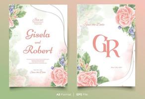 aquarel bruiloft uitnodiging sjabloon met roze en groen bloem ornament vector