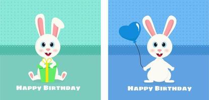 groet kaart reeks met schattig konijn Holding een geschenk doos en ballon. vector