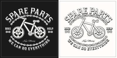 zwart en wit label, insigne, embleem voor reparatie fiets onderhoud in wijnoogst steampunk stijl. etiket gemaakt met versnellingen, metaal rails, klinknagels, fiets ketting. vector illustratie, t overhemd ontwerp.