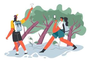 backpackers op reis in park of Woud met telefoon vector