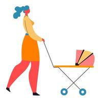 vrouw wandelen met kinderwagen, mam met kind in buggy vector