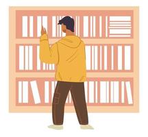 leerling op zoek voor boek in boekhandel of bibliotheek vector