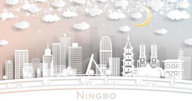 ningbo China stad horizon in papier besnoeiing stijl met wit gebouwen, maan en neon guirlande. vector