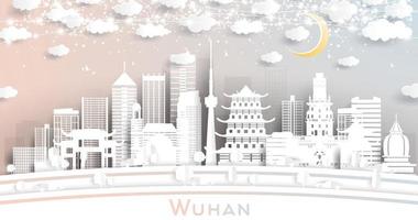 wuhan China stad horizon in papier besnoeiing stijl met wit gebouwen, maan en neon guirlande. vector
