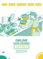 isometrische online koken school. vrouw Koken soep Aan de elektrisch fornuis. culinaire Cursus. vector