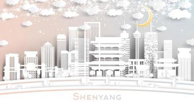 shenyang China stad horizon in papier besnoeiing stijl met wit gebouwen, maan en neon guirlande. vector
