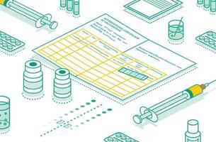 Internationale certificaat van vaccinatie - coronavirus covid19. isometrische schets concept met injectiespuit en flacon van vaccin vector