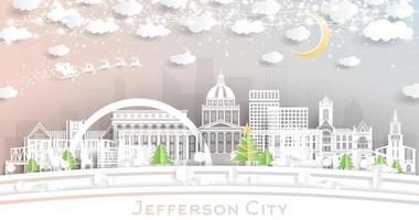 Jefferson stad Missouri horizon in papier besnoeiing stijl met sneeuwvlokken, maan en neon guirlande. vector