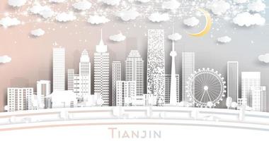 tianjin China stad horizon in papier besnoeiing stijl met wit gebouwen, maan en neon guirlande. vector