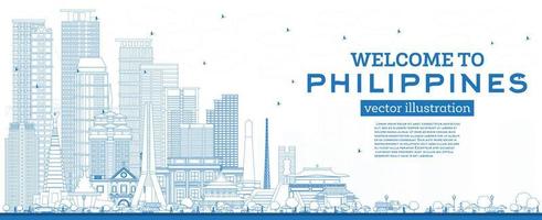 schets Welkom naar Filippijnen stad horizon met blauw gebouwen. vector