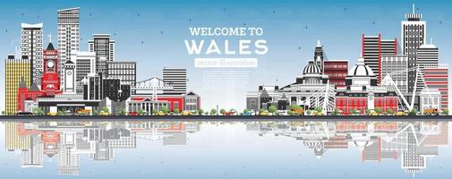 Welkom naar Wales stad horizon met grijs gebouwen en blauw lucht. vector