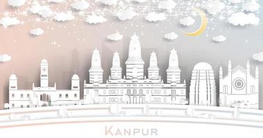 kanpur Indië stad horizon in papier besnoeiing stijl met wit gebouwen, maan en neon guirlande. vector