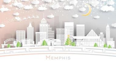 Memphis Tennessee stad horizon in papier besnoeiing stijl met sneeuwvlokken, maan en neon guirlande. vector