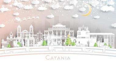 catania Italië stad horizon in papier besnoeiing stijl met sneeuwvlokken, maan en neon guirlande. vector