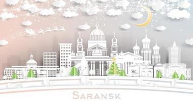 saransk Rusland stad horizon in papier besnoeiing stijl met sneeuwvlokken, maan en neon guirlande. vector