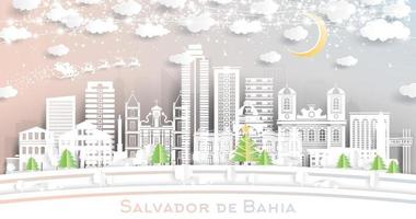 Salvador de Bahia Brazilië stad horizon in papier besnoeiing stijl met sneeuwvlokken, maan en neon guirlande. vector