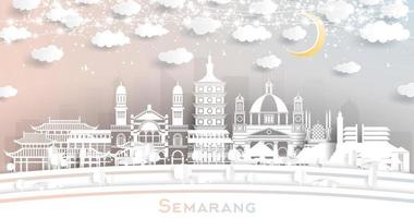 semarang Indonesië stad horizon in papier besnoeiing stijl met wit gebouwen, maan en neon guirlande. vector