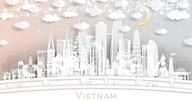 Vietnam stad horizon in papier besnoeiing stijl met wit gebouwen, maan en neon guirlande. vector