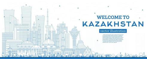 schets Welkom naar Kazachstan. stad horizon met blauw gebouwen. vector