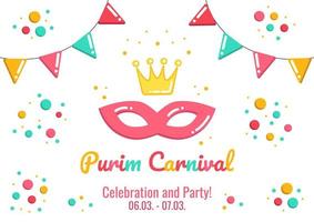 Purim vakantie banier, uitnodiging, groet kaart met carnaval masker, kroon, feestelijk vlaggen en confetti, partij aankondigen met datum, helder vector illustratie.