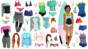 surfing meisje papier pop met mooi dame, outfits, kapsels en accessoires. vector illustratie