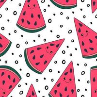abstract watermeloen vector naadloos patroon. willekeurig fruit plakjes en klein zwart vlekken Aan wit achtergrond. onregelmatig chaotisch hand- getrokken elementen. modern decoratief afdrukken.