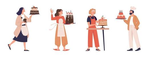 banketbakker, koken, taart, gebakjes. meisje met een taart. reeks van illustraties. vector afbeelding.