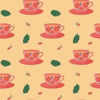 naadloos patroon met kop en schotel en fruit thee, meidoorn en munt bladeren. vector afbeelding.