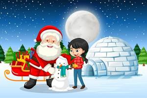Kerstman en schattig meisje sneeuwpop maken bij nachtscène vector