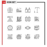 groep van 16 contouren tekens en symbolen voor meubilair abonneren Sportschool doopvont elektriciteit bewerkbare vector ontwerp elementen