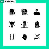 9 thematisch vector solide glyphs en bewerkbare symbolen van sport- uitrusting veer shuttle synchroniseren badminton vogeltje pillen bewerkbare vector ontwerp elementen