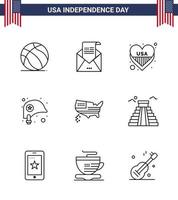 9 Verenigde Staten van Amerika lijn pak van onafhankelijkheid dag tekens en symbolen van Amerikaans bescherming mail helm Verenigde Staten van Amerika bewerkbare Verenigde Staten van Amerika dag vector ontwerp elementen