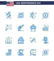 blauw pak van 16 Verenigde Staten van Amerika onafhankelijkheid dag symbolen van geweer knuppel zomer basketbal dollar bewerkbare Verenigde Staten van Amerika dag vector ontwerp elementen