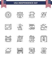 Verenigde Staten van Amerika onafhankelijkheid dag lijn reeks van 16 Verenigde Staten van Amerika pictogrammen van Verenigde Staten van Amerika staten pet kaart officier bewerkbare Verenigde Staten van Amerika dag vector ontwerp elementen