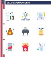 Verenigde Staten van Amerika gelukkig onafhankelijkheid dagpictogram reeks van 9 gemakkelijk flats van barbecue zak Amerikaans geld dag bewerkbare Verenigde Staten van Amerika dag vector ontwerp elementen