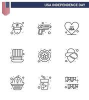 gelukkig onafhankelijkheid dag 4e juli reeks van 9 lijnen Amerikaans pictogram van insigne Amerikaans liefde Verenigde Staten van Amerika hoed bewerkbare Verenigde Staten van Amerika dag vector ontwerp elementen