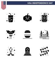 gelukkig onafhankelijkheid dag pak van 9 solide glyphs tekens en symbolen voor Amerikaans hamburger drinken worst voedsel bewerkbare Verenigde Staten van Amerika dag vector ontwerp elementen