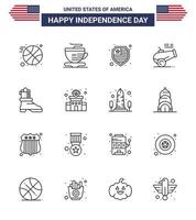 16 Verenigde Staten van Amerika lijn tekens onafhankelijkheid dag viering symbolen van Politie Amerikaans schild bagageruimte Mortier bewerkbare Verenigde Staten van Amerika dag vector ontwerp elementen